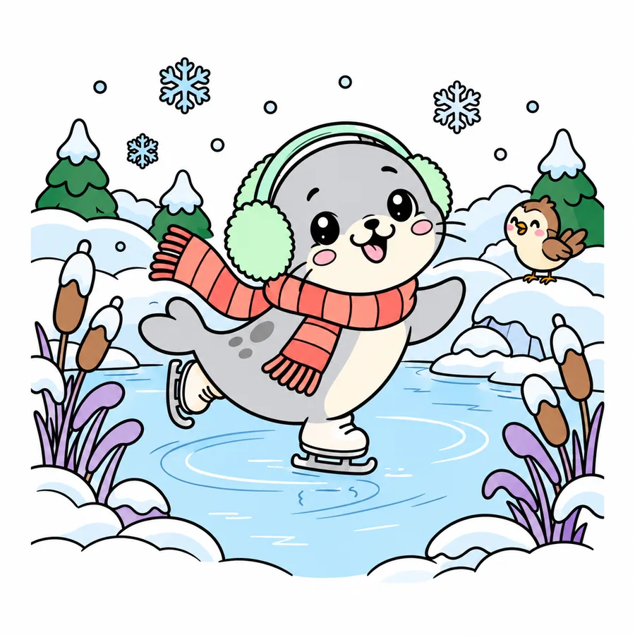 Modèle en couleur du coloriage Bébé phoque faisant du patin à glace