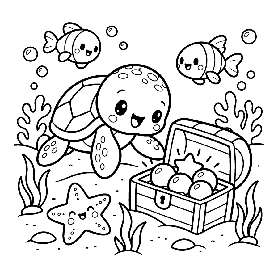 바다거북의 바닷속 보물 색칠공부 도안 - 바닷속 보물상자를 발견한 거북 귀여운 동물 친구 흑백 색칠공부 도안