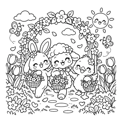 Animal Friends Spring Flower Festival Coloring Page, black and white printable line art