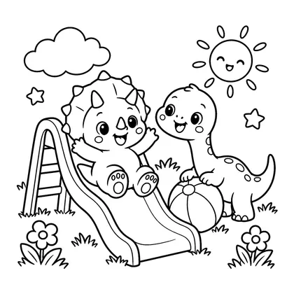 아기 공룡 놀이터 색칠공부 도안 - 미끄럼틀에서 노는 아기 공룡들 귀여운 동물 친구 흑백 색칠공부 도안