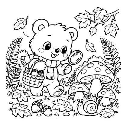 곰 가을 버섯 산책 색칠공부 도안 - 가을 숲에서 버섯을 관찰하는 아기 곰 귀여운 동물 친구 흑백 색칠공부 도안