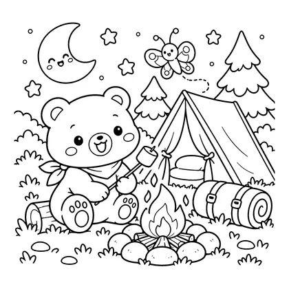 Coloriage Camping sous les étoiles en noir et blanc
