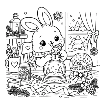 Bunny Snow Globe Workshop Coloring Page, black and white printable line art