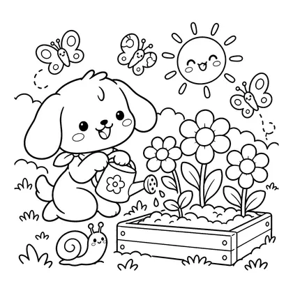 귀여운 강아지 정원 가꾸기 색칠공부 도안 - 꽃에 물을 주는 강아지 귀여운 동물 친구 흑백 색칠공부 도안