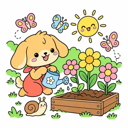 귀여운 강아지 정원 가꾸기 컬러 참고본