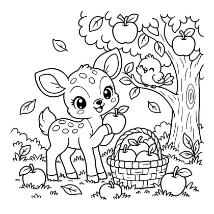 아기 사슴 사과 과수원 색칠공부 도안 - 과수원에서 사과를 따는 아기 사슴 귀여운 동물 친구 흑백 색칠공부 도안