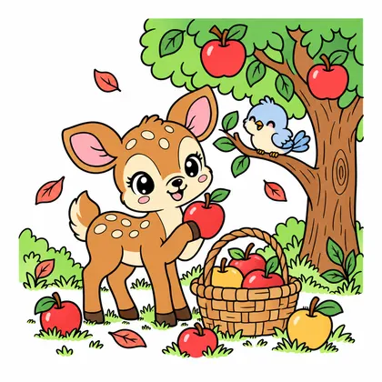 아기 사슴 사과 과수원 컬러 참고본