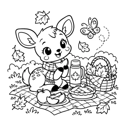 Fawn Autumn Picnic Coloring Page, black and white printable line art