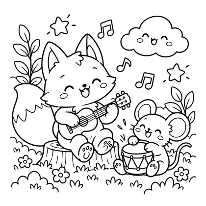 Fox and Mouse Music Band Coloring Page, black and white printable line art