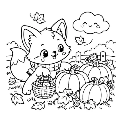 Fox Pumpkin Patch Coloring Page, black and white printable line art