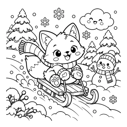 Fox Sledding Hill Coloring Page, black and white printable line art