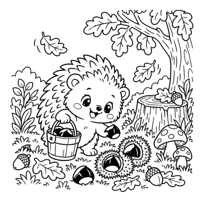 Hedgehog Chestnut Collecting Coloring Page, black and white printable line art