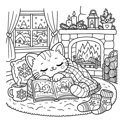 Kitten Cozy Fireplace Reading Coloring Page, black and white printable line art