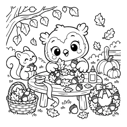 Owl Acorn Wreath Craft Coloring Page, black and white printable line art