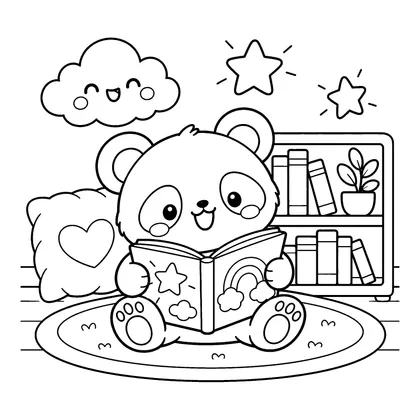 판다의 도서관 독서 색칠공부 도안 - 도서관에서 책 읽는 판다 귀여운 동물 친구 흑백 색칠공부 도안