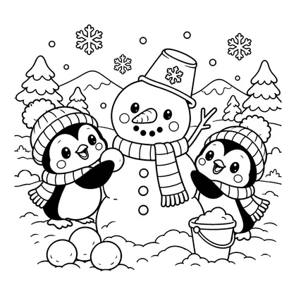 Penguin Snowman Building Coloring Page, black and white printable line art