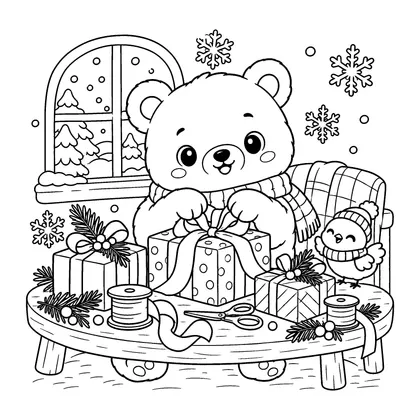 Polar Bear Winter Gift Wrapping Coloring Page, black and white printable line art