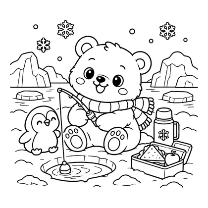 북극곰 얼음낚시 피크닉 색칠공부 도안 - 얼음 위에서 낚시 피크닉을 즐기는 아기 북극곰 귀여운 동물 친구 흑백 색칠공부 도안