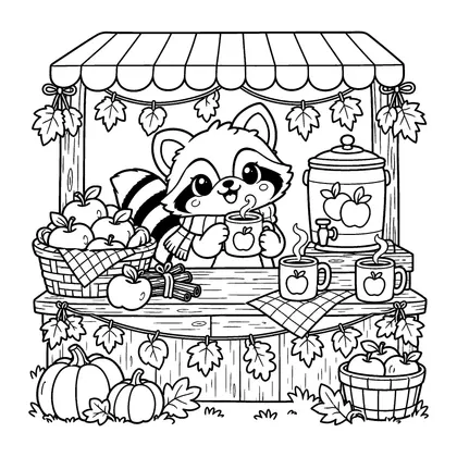 Raccoon Apple Cider Stand Coloring Page, black and white printable line art