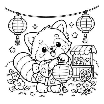 레서판다 등불 축제 색칠공부 도안 - 둥근 등불을 들고 축제를 즐기는 레서판다 귀여운 동물 친구 흑백 색칠공부 도안