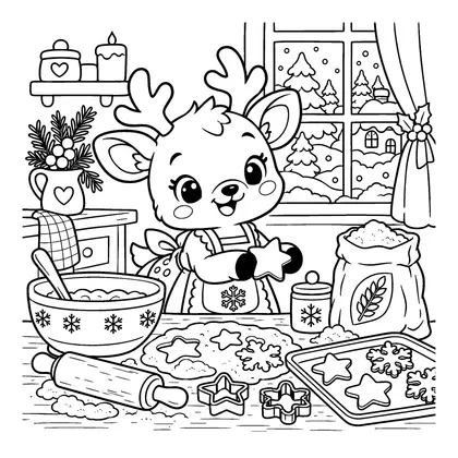 Reindeer Winter Cookie Bakery Coloring Page, black and white printable line art