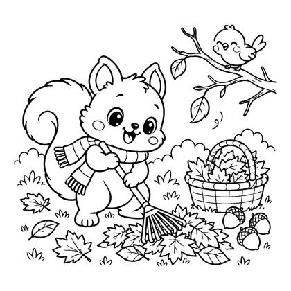 Squirrel Autumn Leaf Raking Coloring Page, black and white printable line art