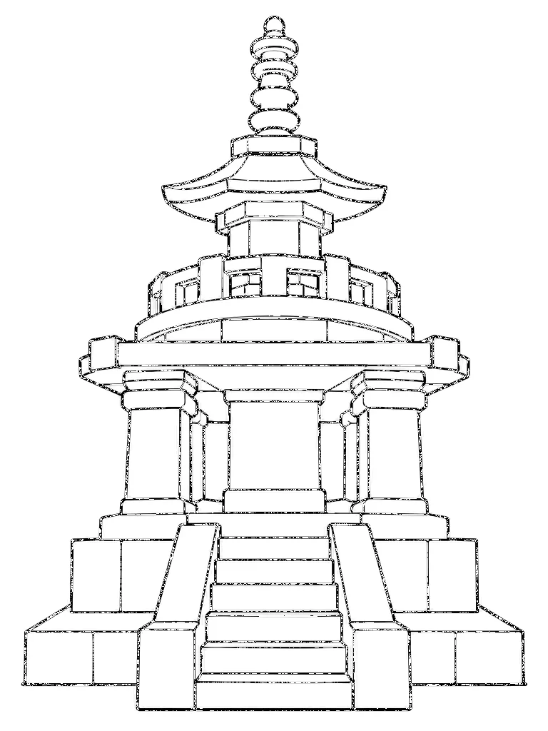 Black-and-white coloring line art of Bulguksa Dabotap Pagoda, South Korea on a white background