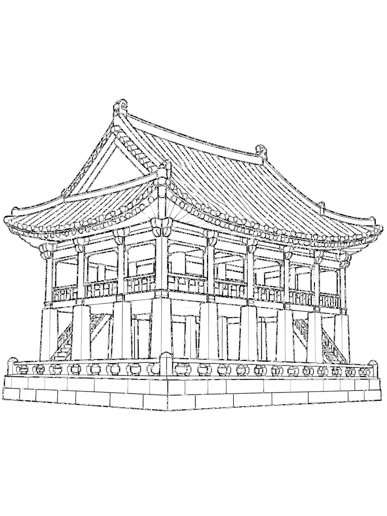 Black-and-white coloring line art of Gyeonghoeru Pavilion, South Korea on a white background