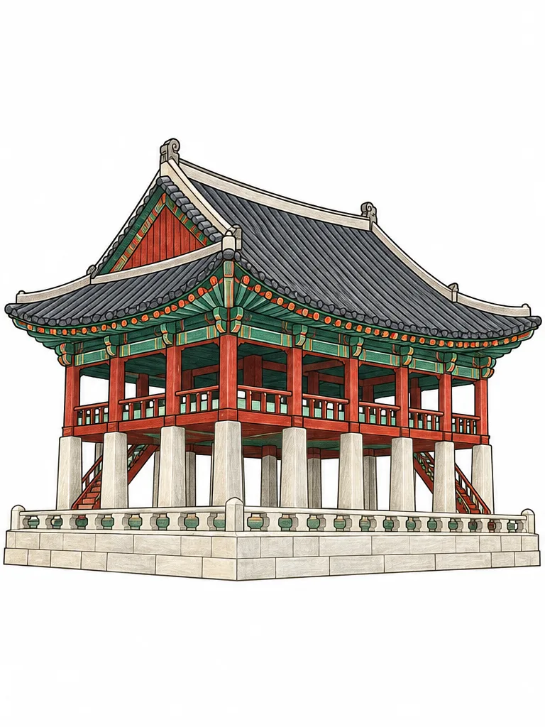 Color reference of Gyeonghoeru Pavilion, South Korea on a white background