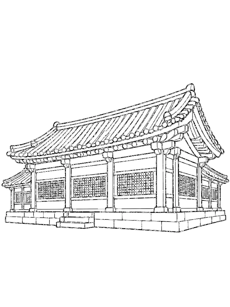 Black-and-white coloring line art of Haeinsa Janggyeong Panjeon, South Korea on a white background