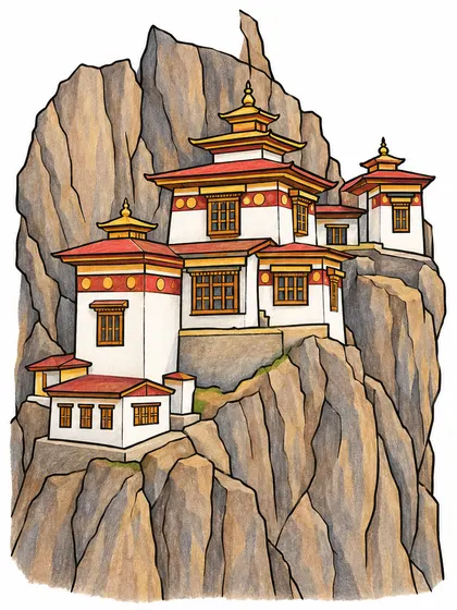 흰 배경에 그린 부탄 탁상 수도원 컬러 참고본