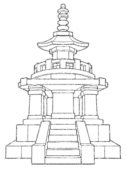 흰 배경에 그린 대한민국 불국사 다보탑 흑백 색칠공부 선화