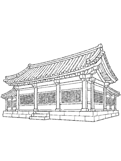 흰 배경에 그린 대한민국 해인사 장경판전 흑백 색칠공부 선화