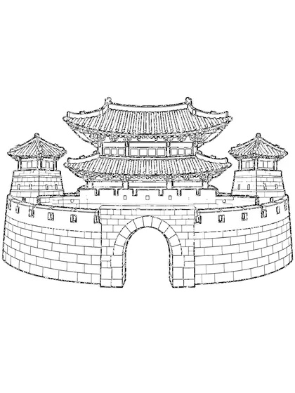 흰 배경에 그린 대한민국 수원 화성 흑백 색칠공부 선화