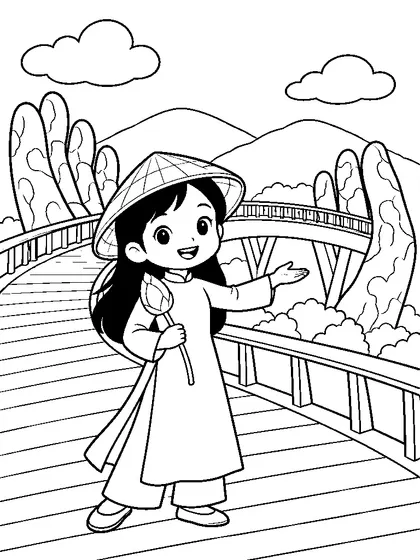 베트남 골든 브리지와 아오자이와 논라를 착용하고 연꽃을 든 베트남 어린이가 함께 등장하는 7세용 쉬운 세계 랜드마크 색칠공부 선화와 컬러 참고 이미지