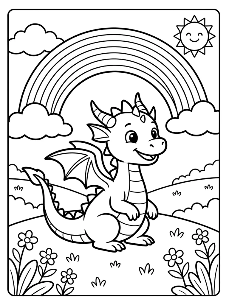 Dibujo en blanco y negro de dragón bebé de la pradera del arcoíris para colorear