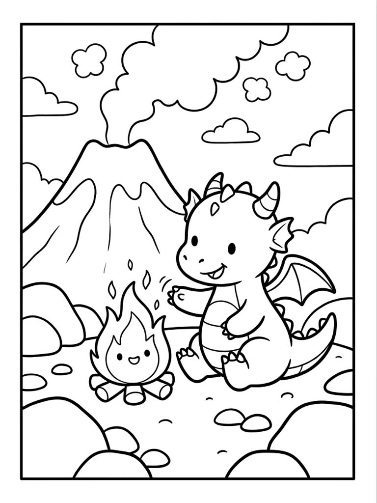Black-and-white coloring page of Volcano the volcano baby dragon on a white background