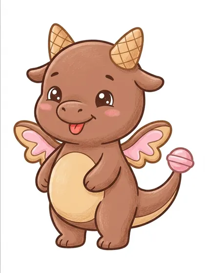 Color reference of Choco the choco baby dragon in milk chocolate brown, caramel beige, strawberry pink, waffle gold