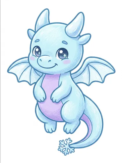 Color reference of Frosty the ice baby dragon in icy pastel blue, soft lavender, powder blue, snow white