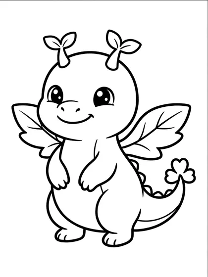 Black-and-white coloring page of Leafy the sprout baby dragon on a white background