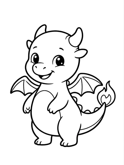 Black-and-white coloring page of Sparky the fire baby dragon on a white background
