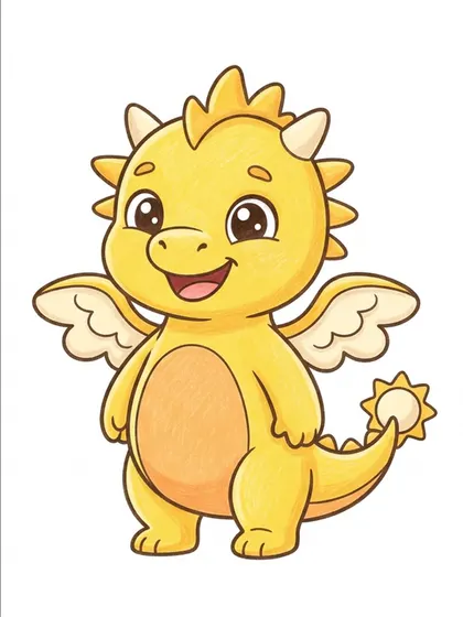 Color reference of Sunny the sunshine baby dragon in golden yellow, warm apricot orange, cream white, sunny gold