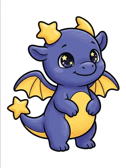 Color reference of Twinkle the starlight baby dragon in pastel indigo blue, golden yellow star, soft navy, starlight cream