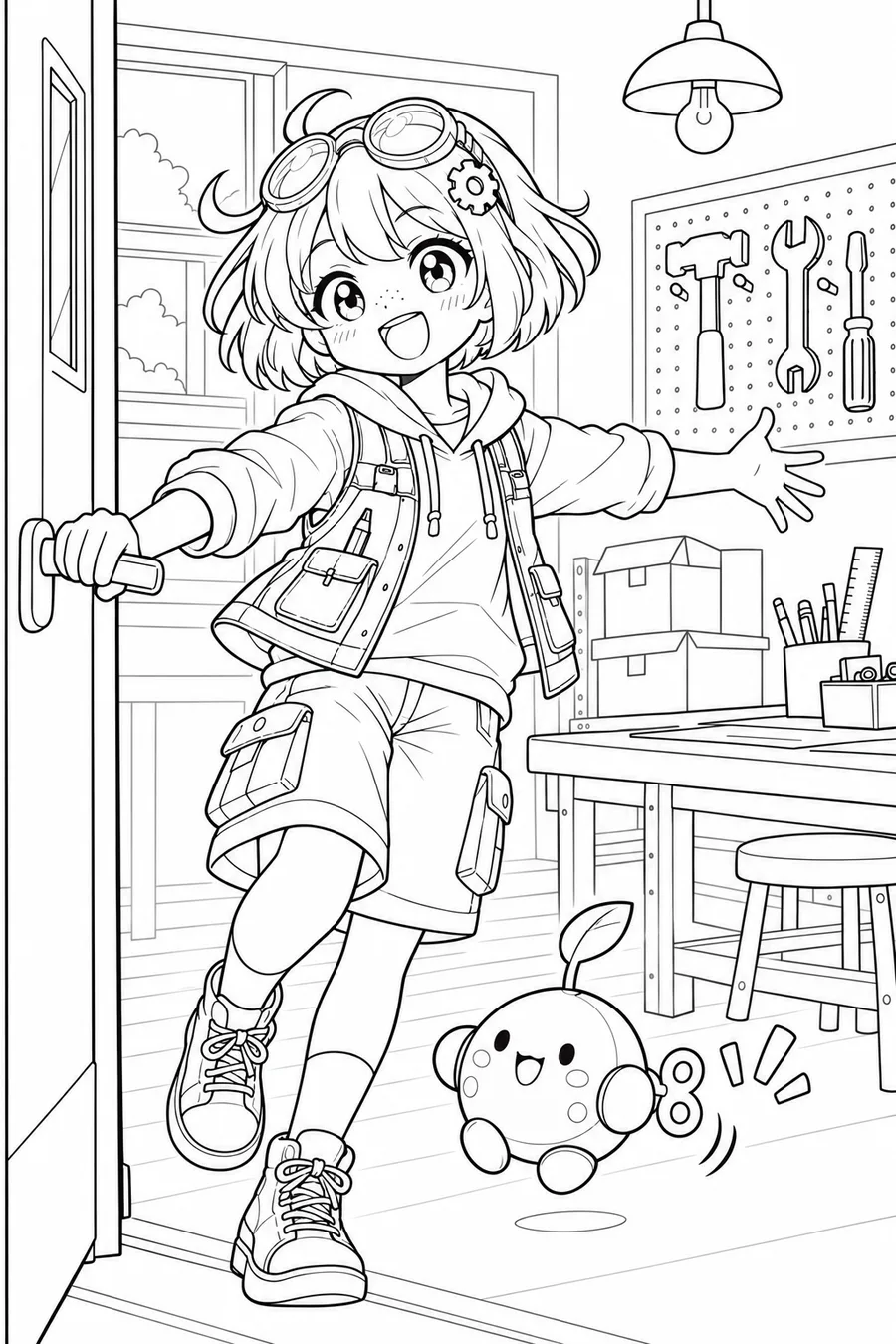 Dibujo en blanco y negro de primer día en el club de inventos para colorear, Laboratorio de inventos de Nari N.º 01
