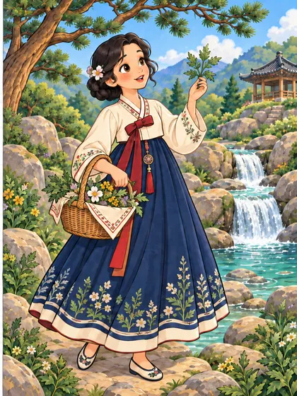 산속 약초와 맑은 샘을 배경으로 한 치유 여정 공주 컬러 참고본