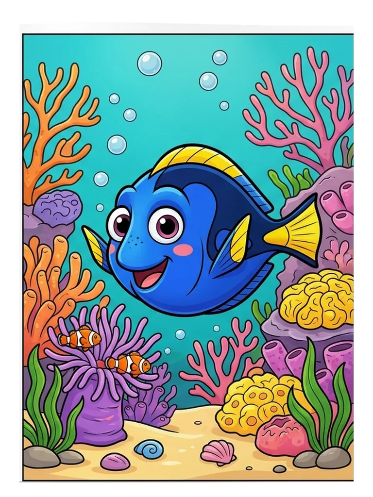 Color reference of Tangi the Blue Tang Fish, a cute blue tang fish