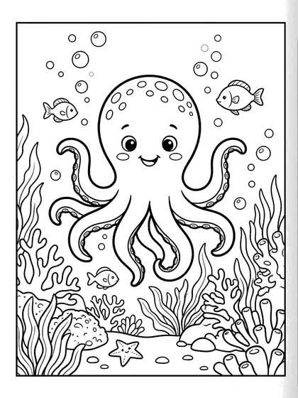 Black-and-white coloring page of Challangi the Curious Octopus, a cute octopus with coral reefs and little fish friends