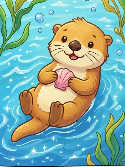 배 위에 올린 조개와 잔잔한 수면 배경의 해달 캐릭터 보리 컬러 참고본