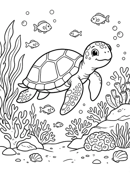 Black-and-white coloring page of Kkobuki the Gentle Sea Turtle, a cute sea turtle with peaceful sandy seabed and seaweed forest