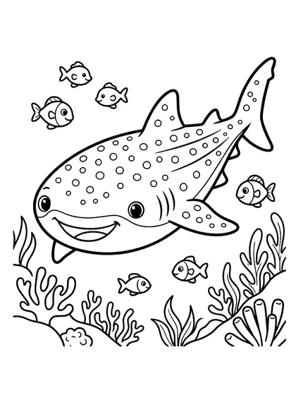 Black-and-white coloring page of Dottie the Gentle Whale Shark, a cute whale shark with round white polka dots swimming peacefully in open sea